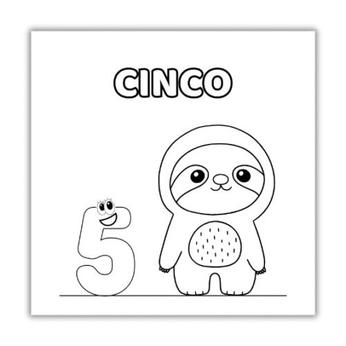Ficha para colorear con el número 5 y un perezoso, diseñada para que los niños pequeños aprendan a reconocer y colorear el número cinco.