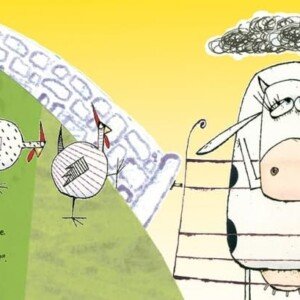 Ilustración del libro La vaca que puso un huevo, con Macarena triste y tres gallinas preguntándole qué le pasa