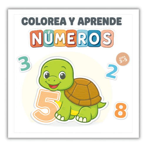 Portada del libro infantil Colorea y Aprende Números con una tortuga y números grandes para niños de 3 a 5 años
