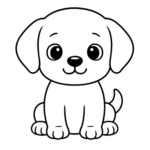 Ilustración en blanco y negro de un cachorro sentado con expresión dulce, ideal para que los niños lo coloreen