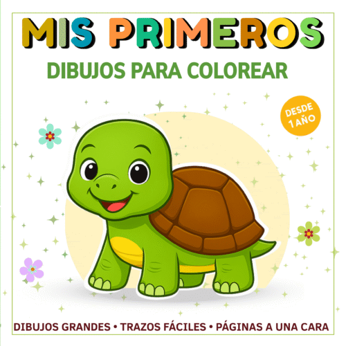 Portada del libro infantil “Mis primeros dibujos para colorear” con tortuga verde, para niños desde 1 año.