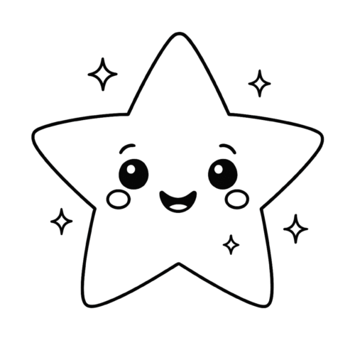 Dibujo de una estrella sonriente con ojos grandes y mejillas redondeadas, ideal para que los niños pequeños la coloreen.
