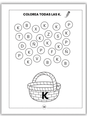Actividad infantil para aprender la letra K: colorea todas las letras K entre otras letras del abecedario.