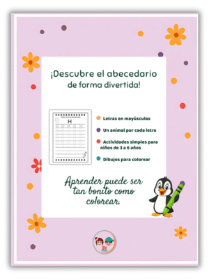 Contraportada del libro infantil con presentación de contenidos: letras mayúsculas para trazar, animales, dibujos y actividades simples para niños de 3 a 6 años.