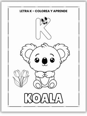 Página para colorear del abecedario con la letra K, un koala adorable y flores, diseñada para niños pequeños.