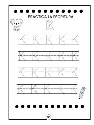 Ejercicio de caligrafía con la letra K mayúscula para niños pequeños. Incluye trazos punteados, dibujos de koala y lápiz animado.