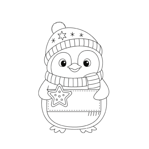 pingüino navideño para colorear con gorro y estrella en las manos