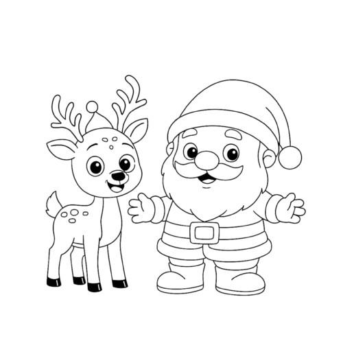 niño reno y papá noel en dibujo para colorear