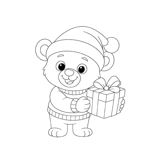 Osito navideño sosteniendo un regalo para colorear