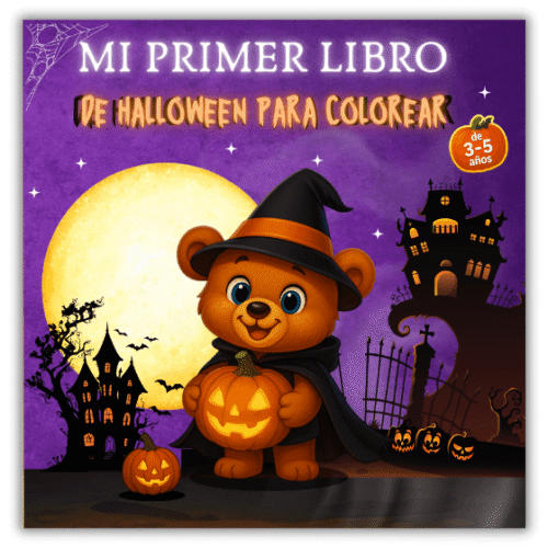 Halloween para colorear- Portada del libro infantil de Halloween para colorear con osito y calabazas, para niños de 3 a 5 años.