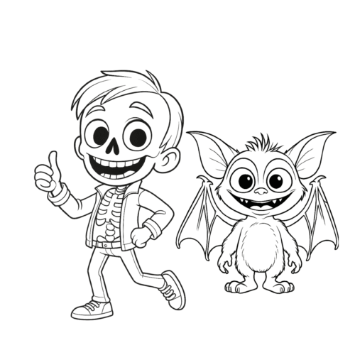 niño disfrazado de esqueleto junto a un murciélago sonriente para colorear