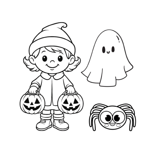 niña disfrazada de Halloween con dos calabazas, acompañada de un fantasma y una araña para colorear