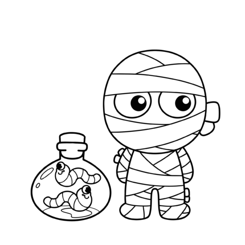 momia infantil para colorear junto a un frasco con gusanos dibujados