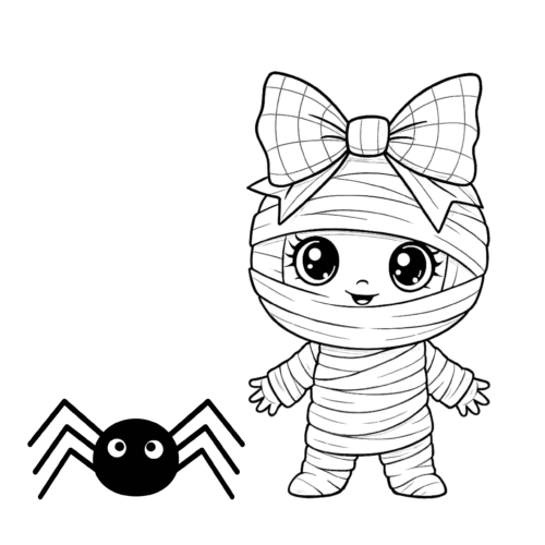 Niña disfrazada de momia con gran lazo y pequeña araña adorable para colorear