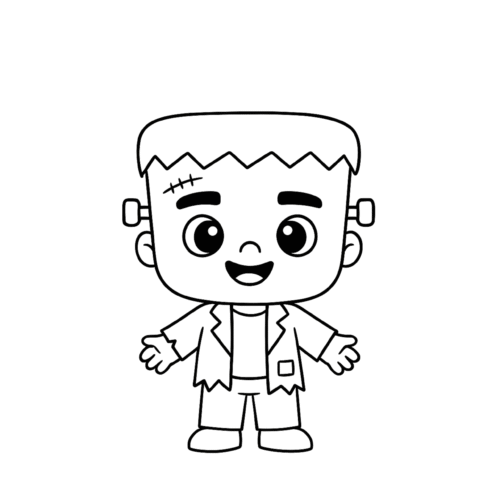 Niño disfrazado de Frankenstein en estilo dibujo para colorear con brazos abiertos