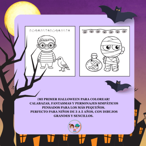 Contraportada del libro Mi Primer Halloween para Colorear con dibujos infantiles sencillos de Halloween